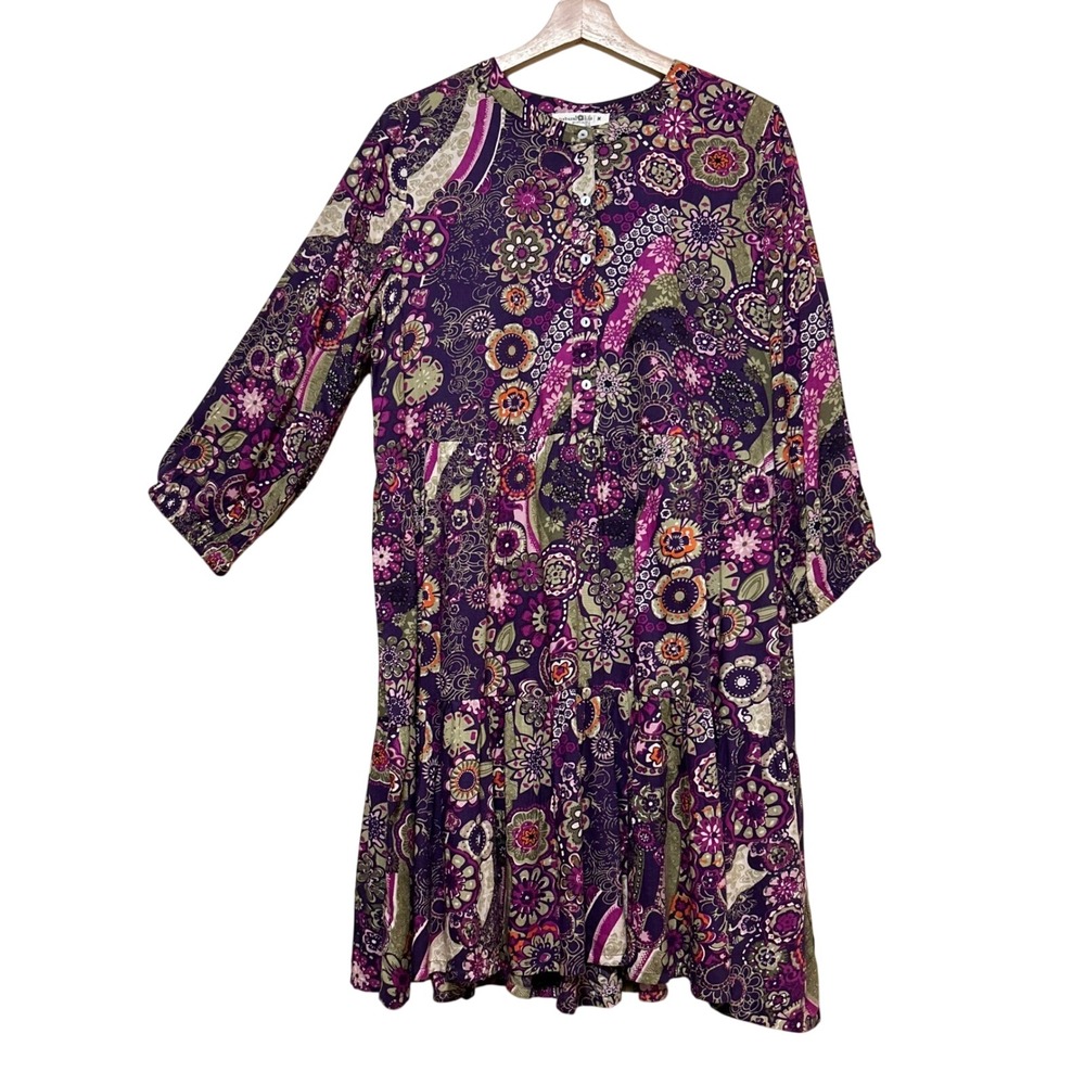 Natural Life Purple Floral Patchwork Tiered Boho Mini Dress Womens‎ Medium M